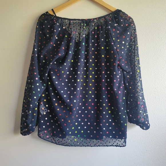 J. Crew, Semi-Sheer Chiffon Swiss Dot‎ Blouse, Navy/Metallic Rainbow, Size XS - Picture 6 of 11